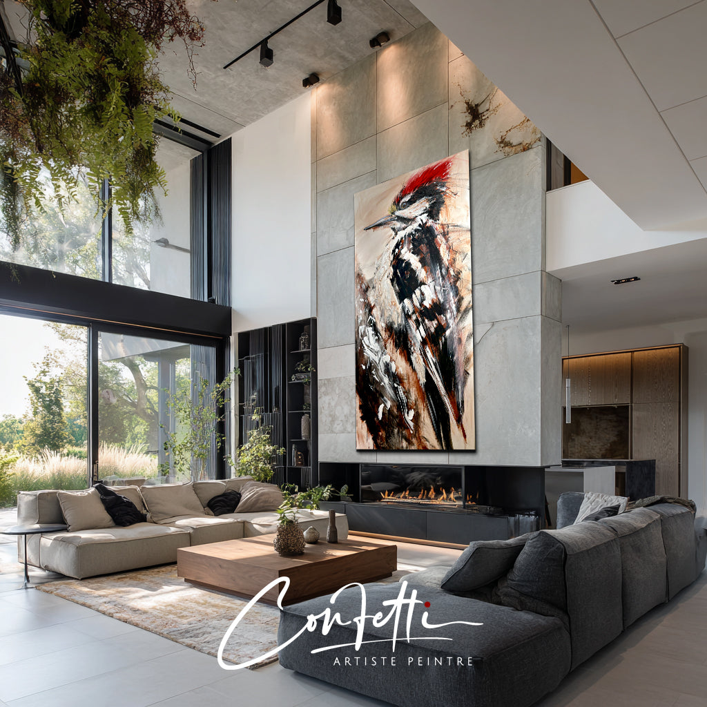 🔴Through the woods, the woodpecker, the original painting by the artist Confetti with a lot of texture, bird