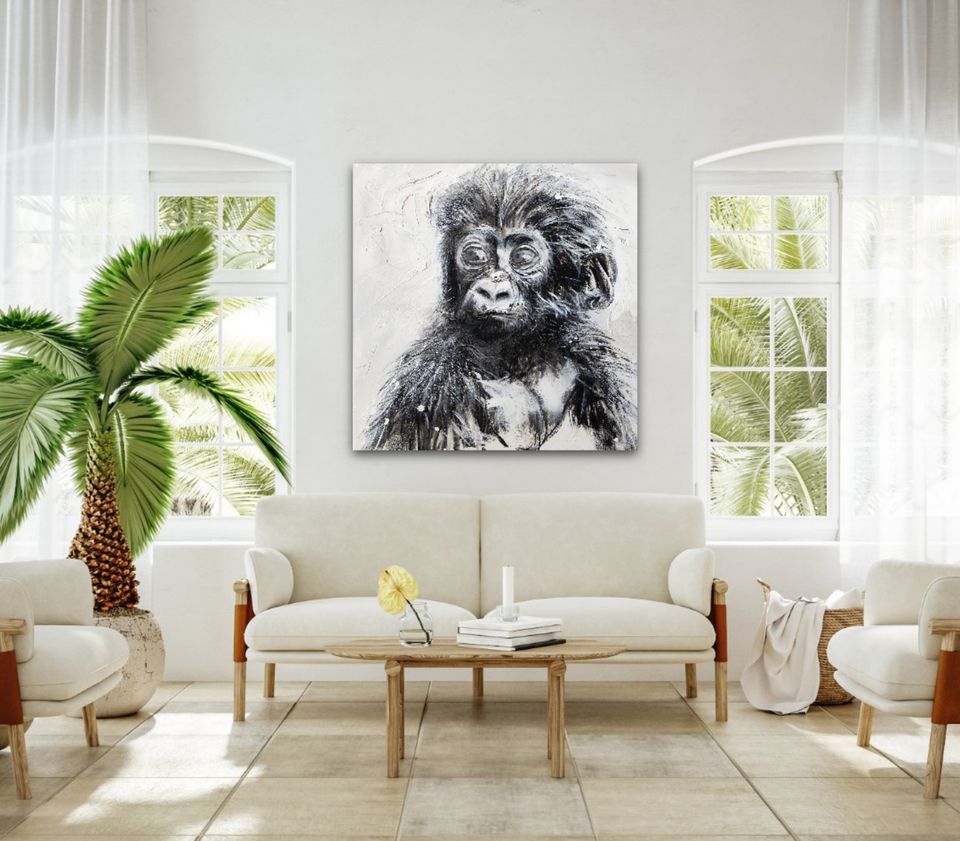 Jackson the monkey / textured art print  of the artist Confetti, black and white, modern, abstract