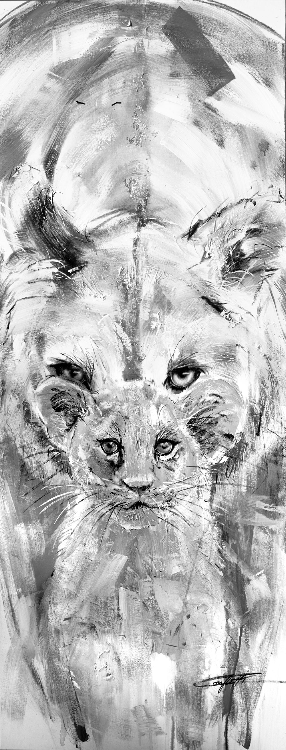 Protective lion mother and lion child, textured art print by Confetti artist, , abstract, modern