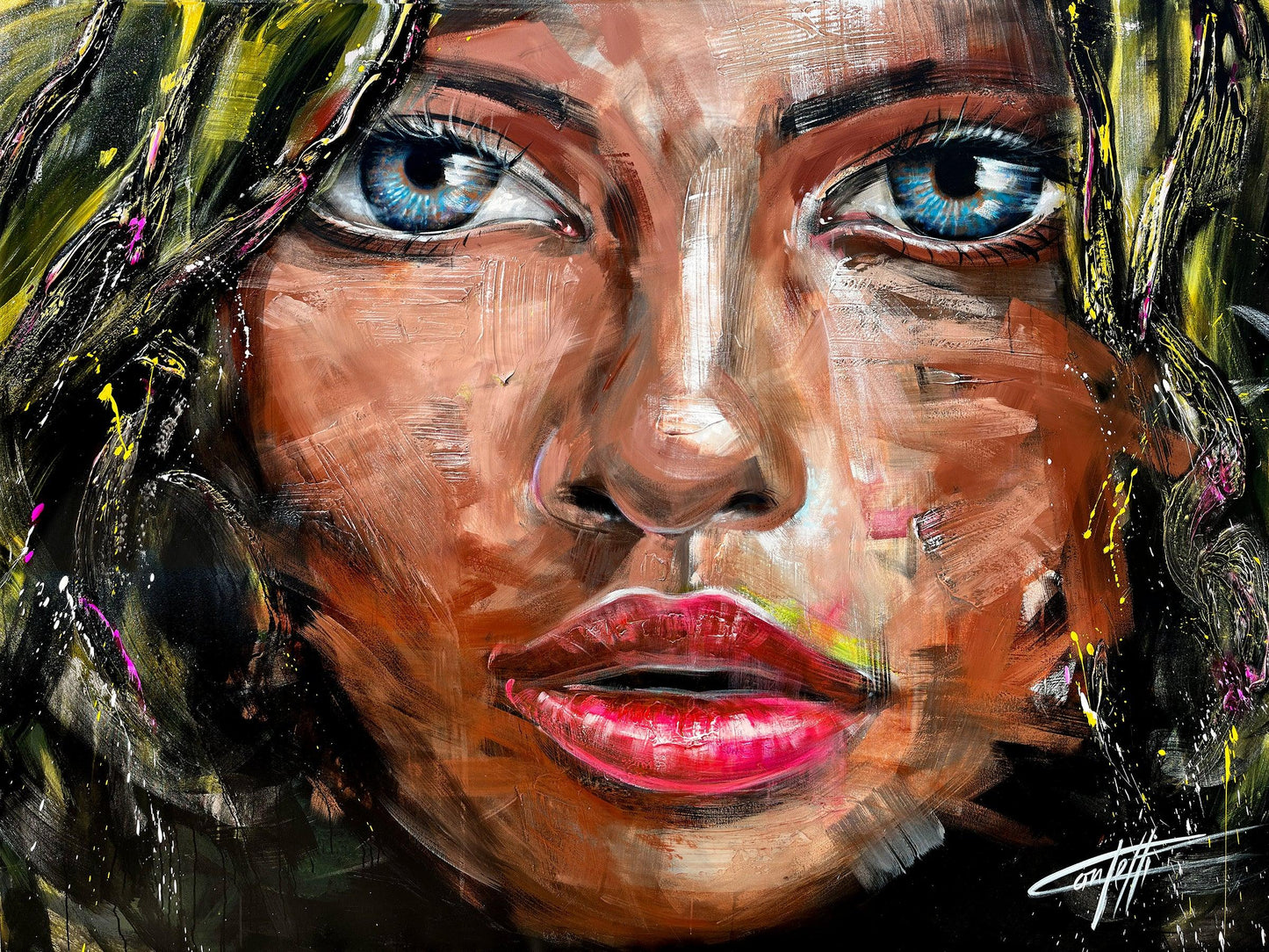 ''Blue Eyes'', painting of a voluptuous woman, artprint painting with texture by confetti artiste modern passion abstract - Confetti Artiste Peintre