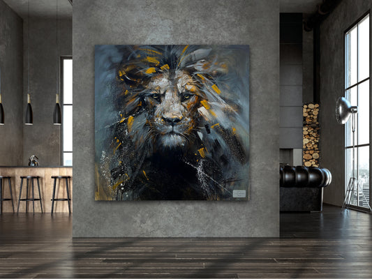 Lion du destin, moderne, gris, or, fort, passionné, lion