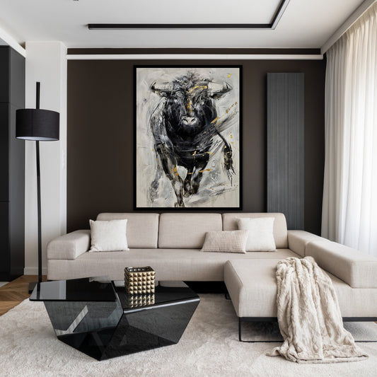 Trattorio le taureau / art print texturé par l'artiste Confetti, taureau passionné de noir et blanc et d'or, moderne, abstrait