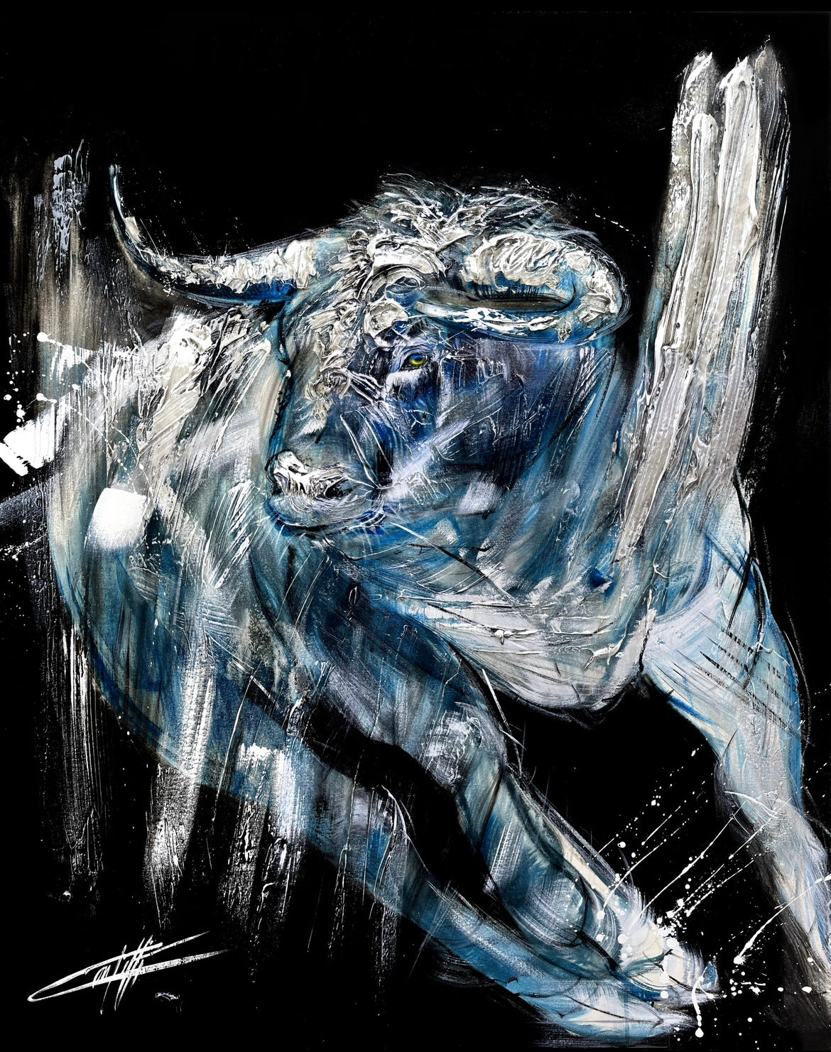 Peinture d'Alexandre le taureau / peinte par l'artiste Confetti, peinture de taureau passionné, bleu, fond noir