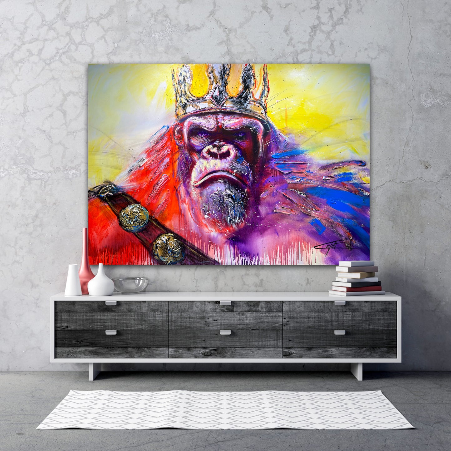 King kong premier/ art print of the artist Confetti, textured and intense, colorful gorilla with a crown