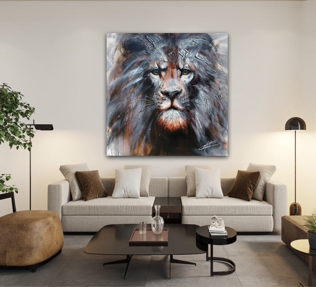 L'empire sauvage, le lion, la peinture originale de l'artiste Confetti avec beaucoup de texture, moderne,abstrait