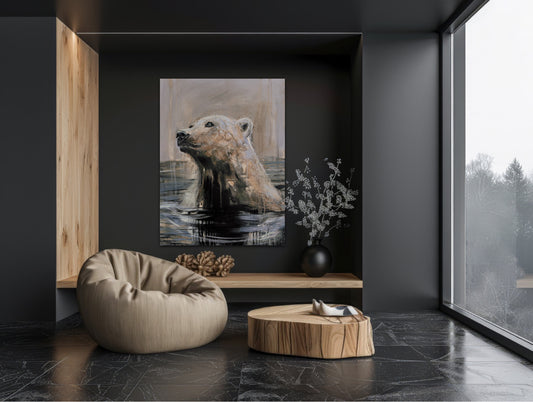 Le gardien des glaces, peinture d’un ours polaire moderne par Confetti Artiste, texturé, couleur chaude et terre, glace fondue