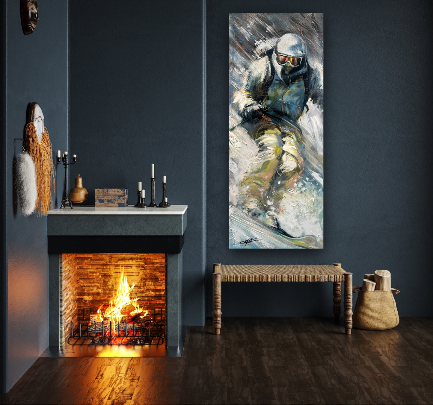 La descente radieuse, tableau ski , art print texturé par l'artiste confetti, moderne, abstrait