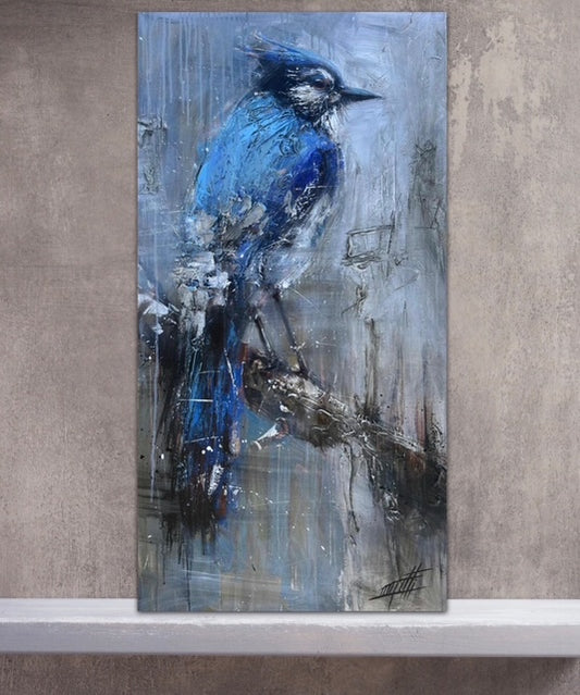 Le messager des bois , le geai bleu, art print texturé par l'artiste Confetti, moderne, abstrait