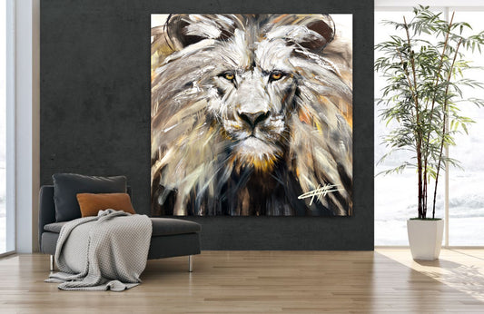 Le rugissement royal, imprimé de lion moderne avec passion par l'artiste Confetti, texturé, moderne, abstrait