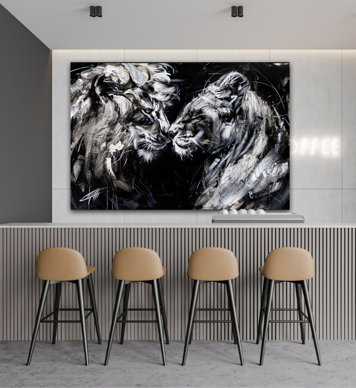 Wild look, lion couple, art print by Confetti artist, textured, modern, abstract