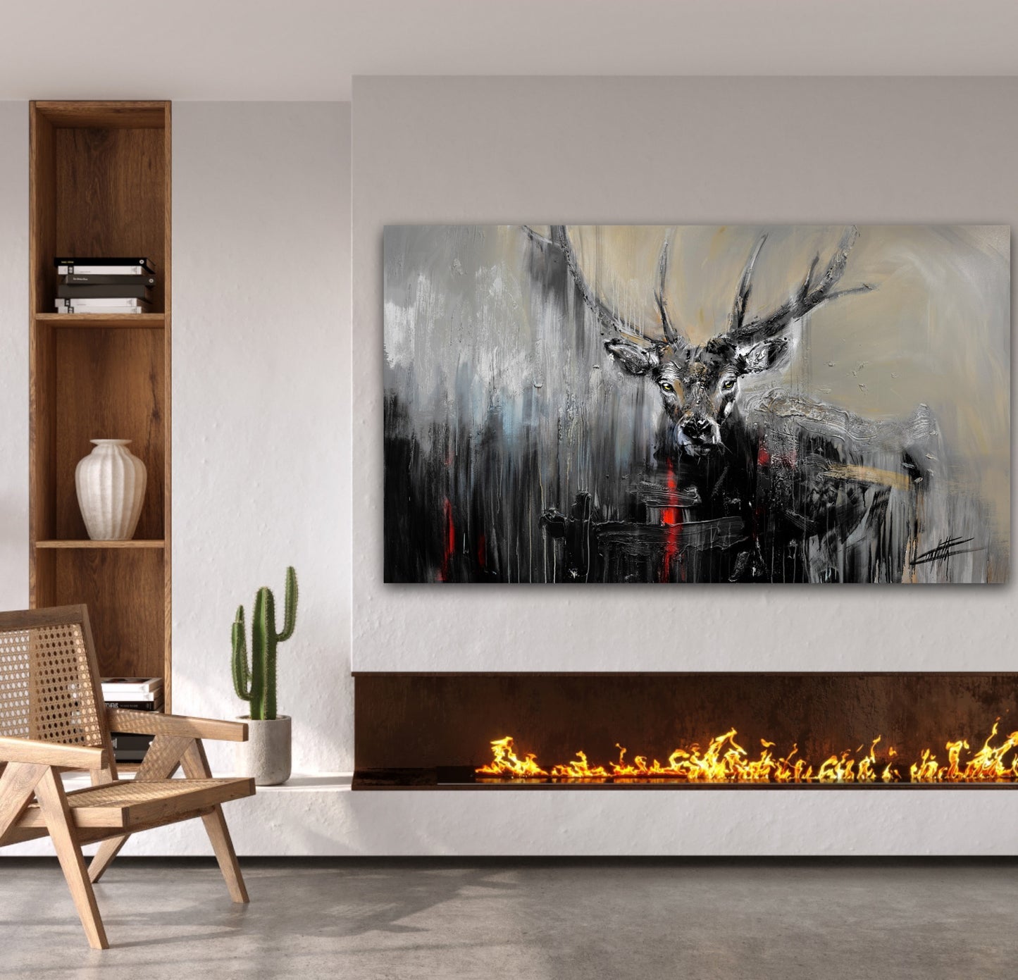 Le seigneur rouge de la forêt, le cerf, peinture par l’artiste Confetti, beau
cerf couleur et rouge