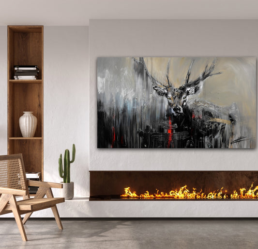 Le seigneur rouge de la forêt, le cerf, art print  par l’artiste Confetti,texturé, beau 
cerf couleur et rouge, abstrait,