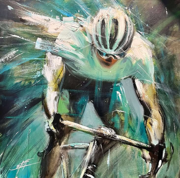🔴L'échappée sauvage, la peinture originale et moderne avec une grande texture par l’artiste Confetti, vélo de vitesse, coloré