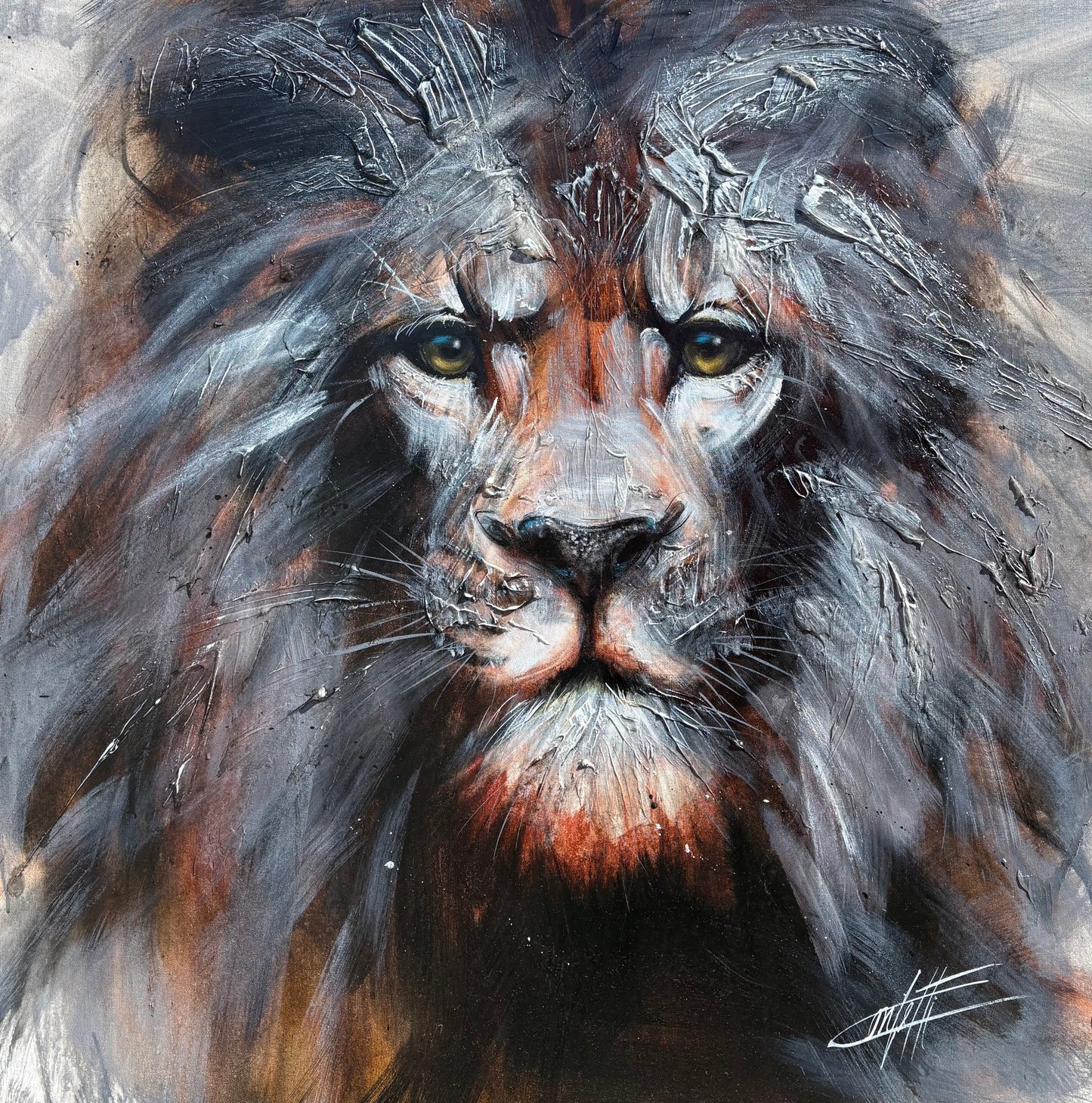 L'empire sauvage, le lion, la peinture originale de l'artiste Confetti avec beaucoup de texture, moderne,abstrait