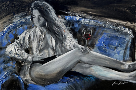 La belle soirée, bleu, noir, femme sexy, art print fait par l'artiste Confetti