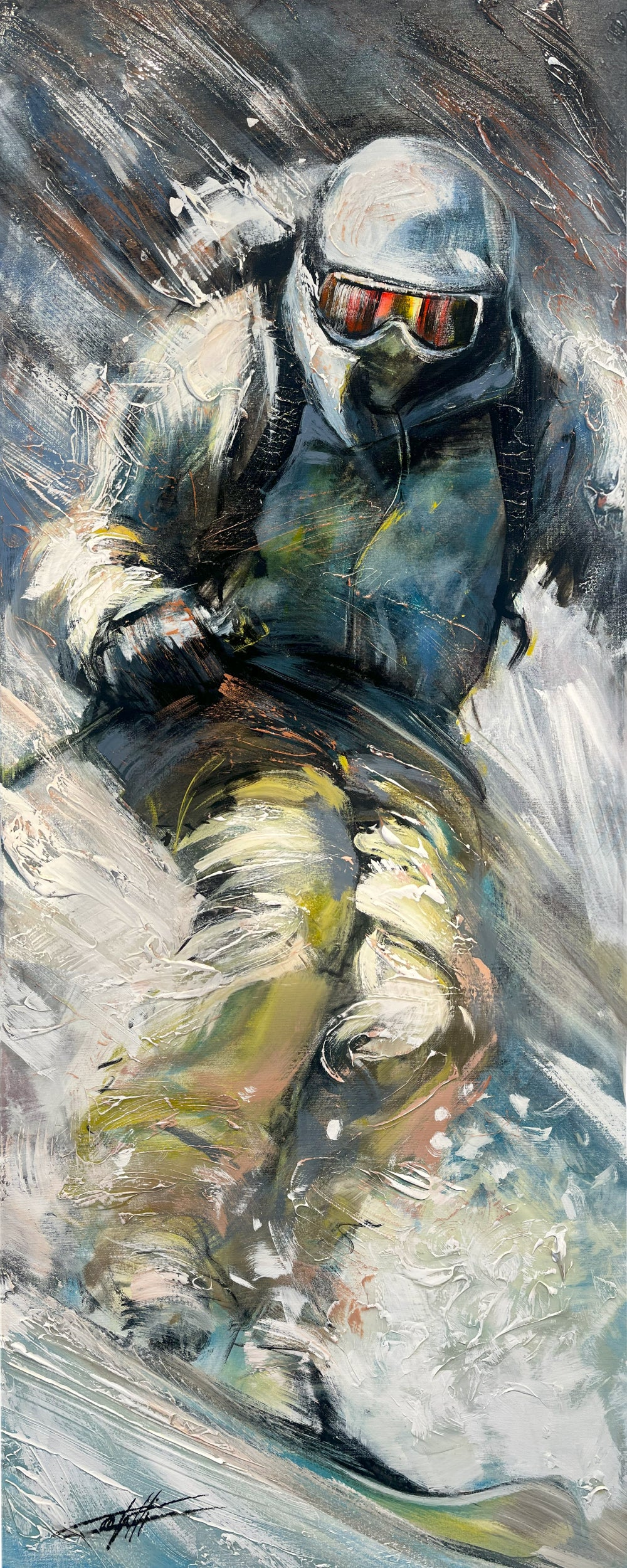 La descente radieuse, tableau ski , art print texturé par l'artiste confetti, moderne, abstrait