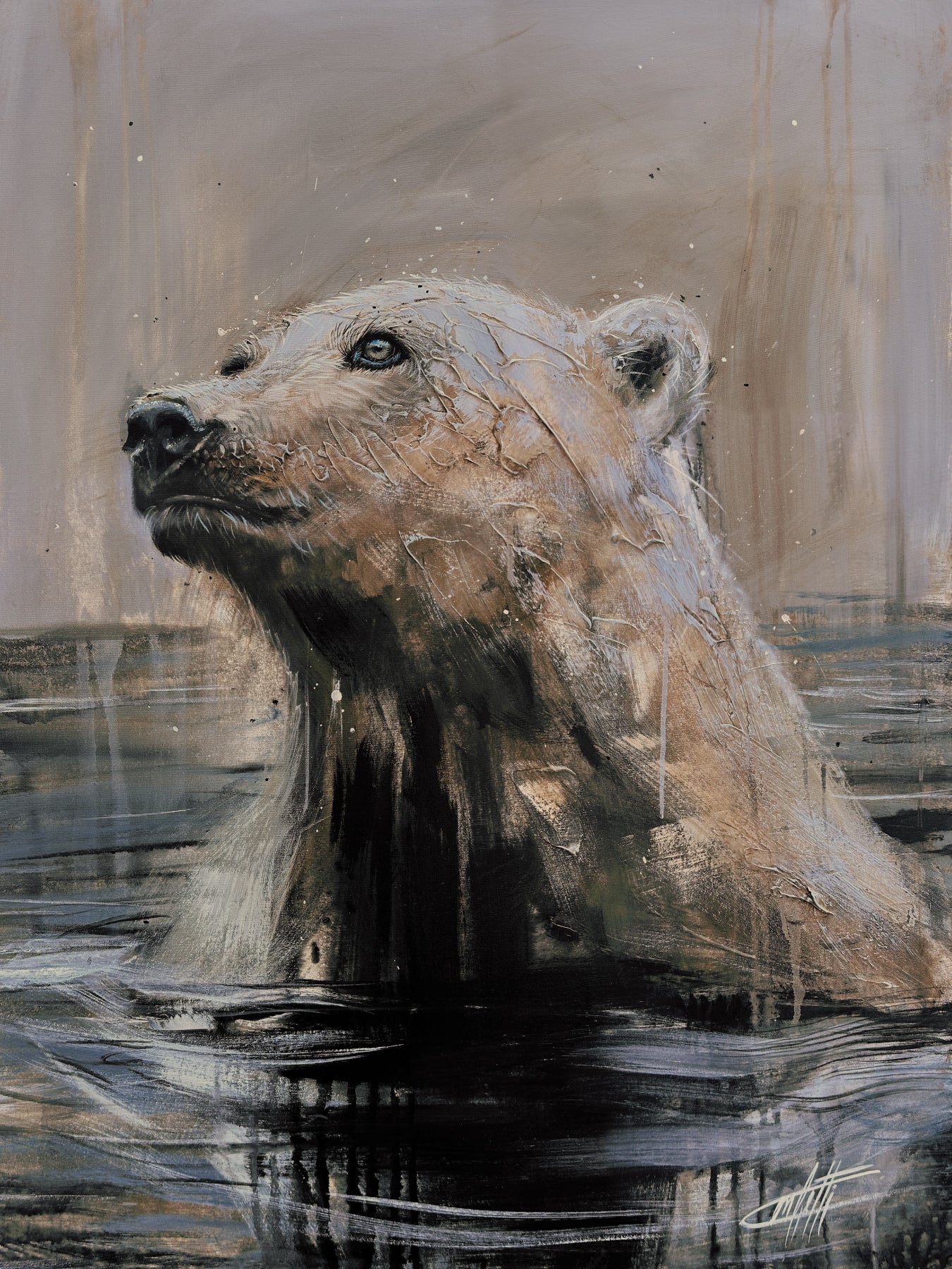 The ice guardian, art print of a modern polar bear by Confetti Artist, textured, warm and earth color, ice melted