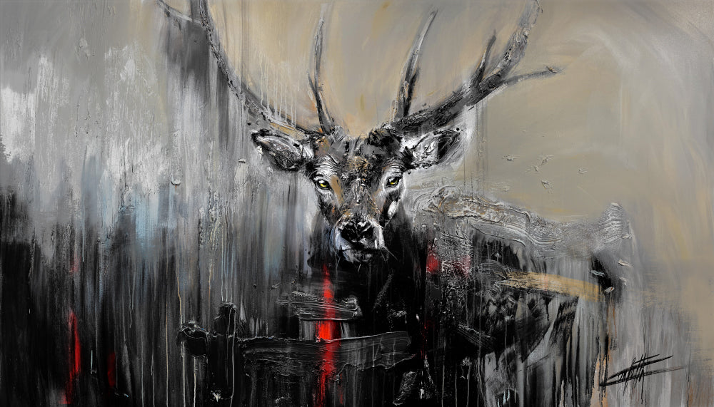 Le seigneur rouge de la forêt, le cerf, peinture par l’artiste Confetti, beau
cerf couleur et rouge