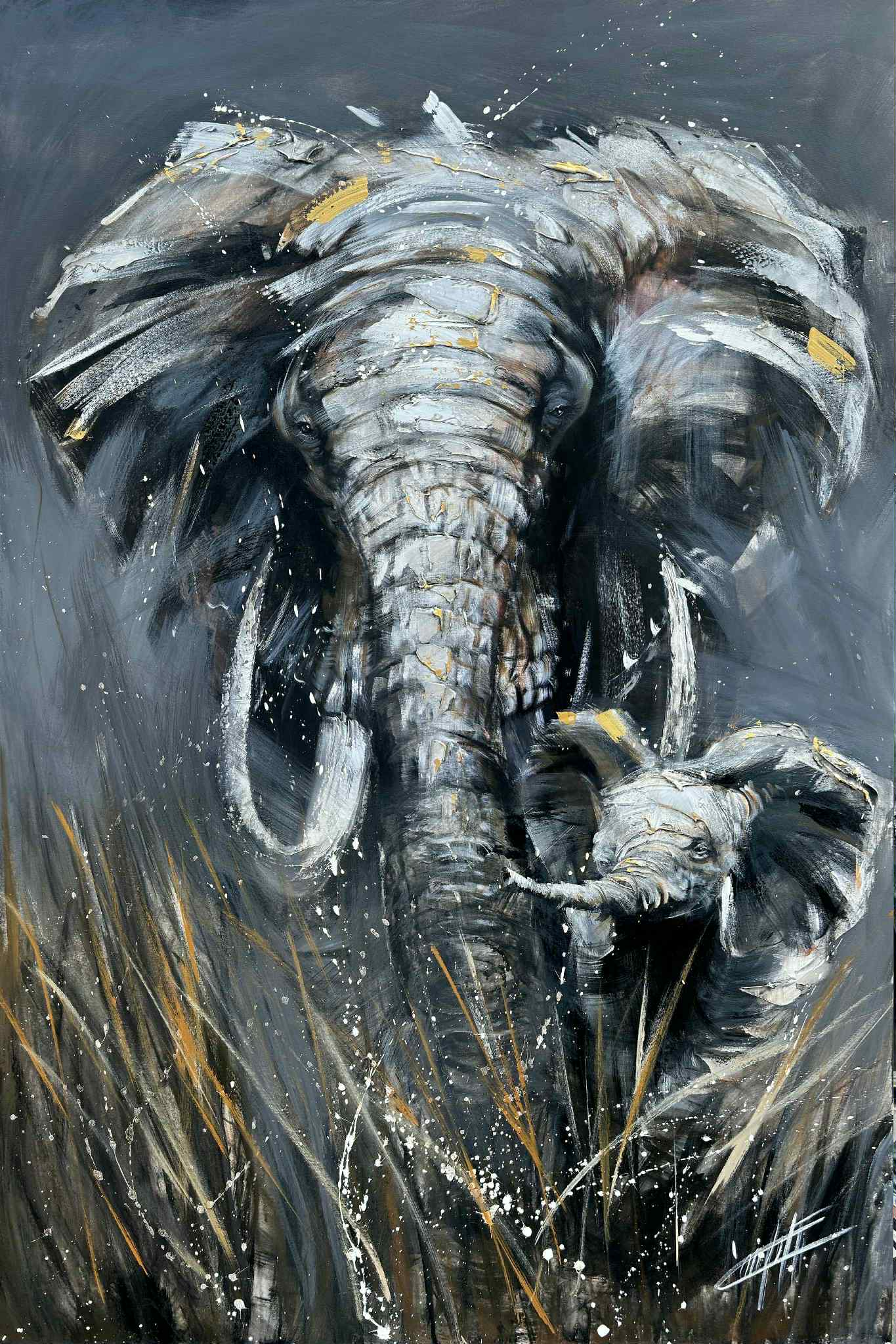 Le souffle d'ivoire, artprint de l'artiste confetti avec beaucoup de texture, elephant, moderne