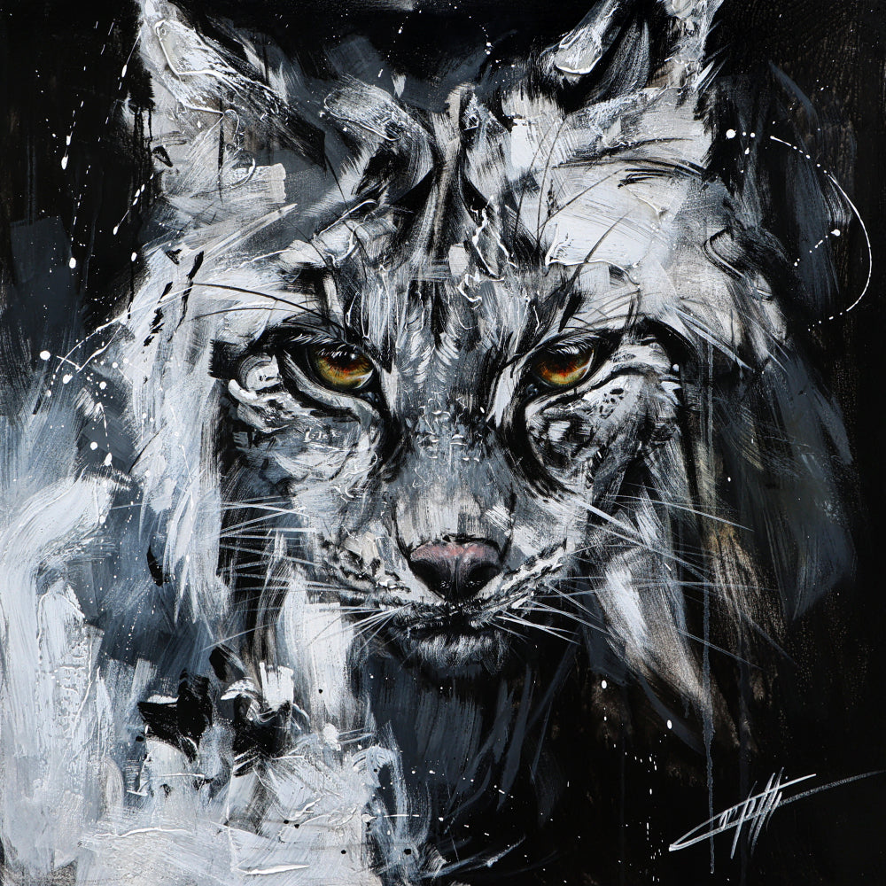 The guardian of the woods/The Lynx, modern art print by Confetti artist, textured, black and white, abstract, cat
