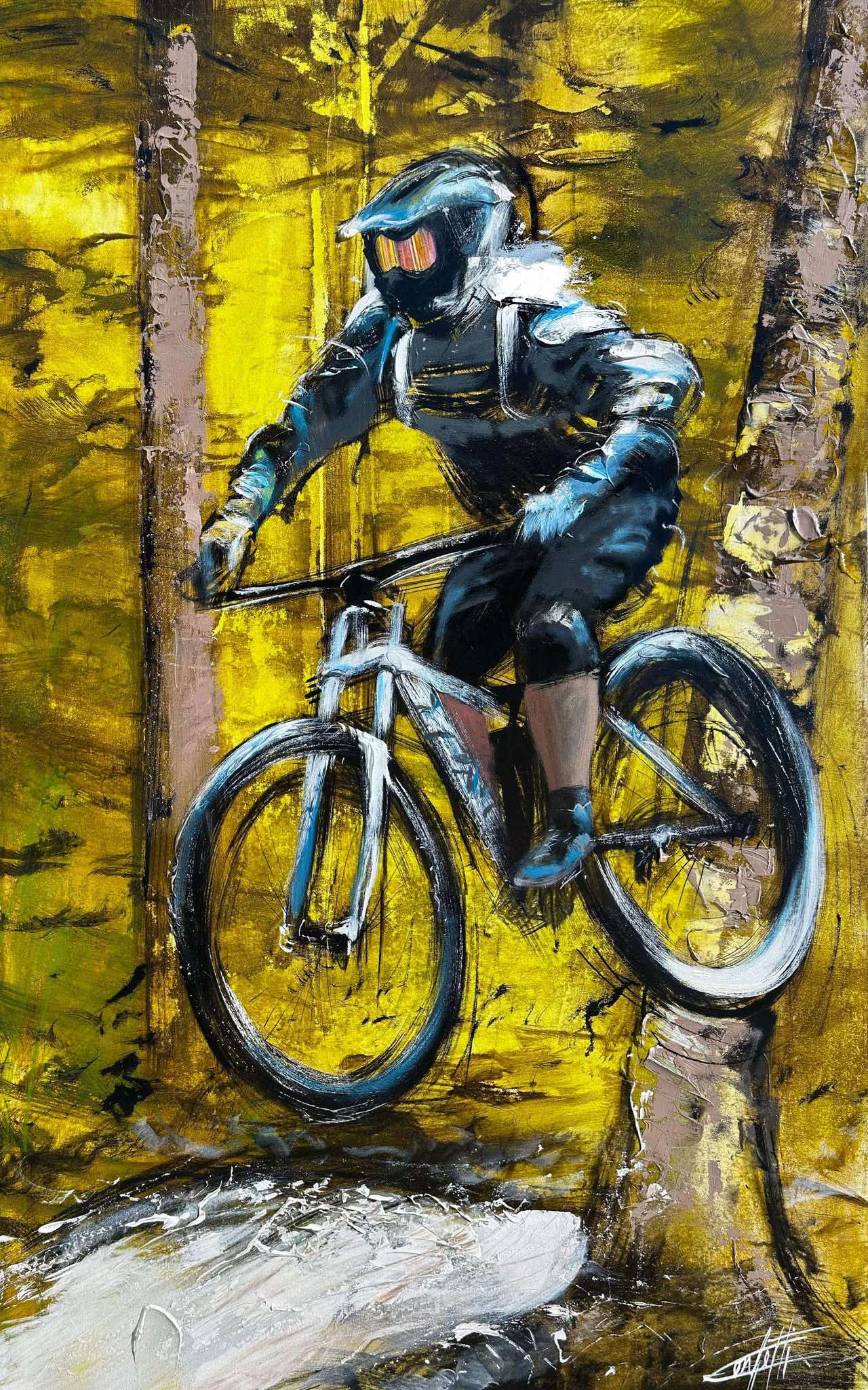 Liberté sur deux roues, impression d'art de Confetti, vélo de montagnes avec beaucoup de texture, nature, coloré