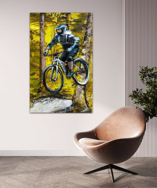 Liberté sur deux roues, impression d'art de Confetti, vélo de montagnes avec beaucoup de texture, nature, coloré