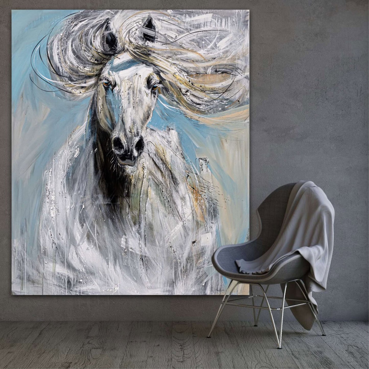 Liberté angélique, l'original de l'artiste confetti avec beaucoup de texture, cheval blanc, abstrait