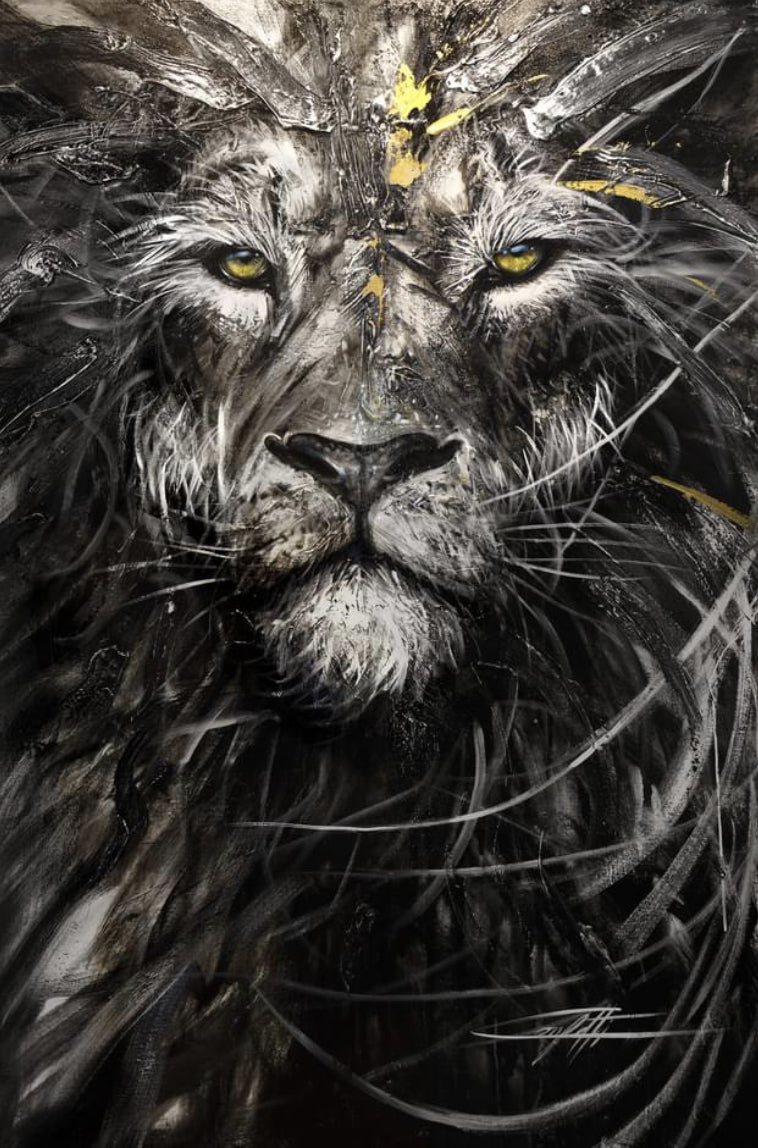 Maahès le dieu lion , art print texturé par l'artiste Confetti, lion moderne, abstrait