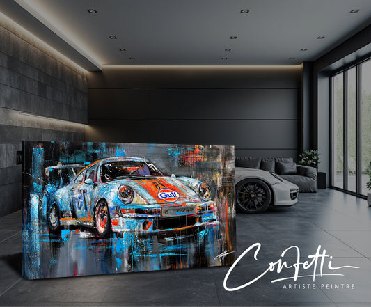 Porsche pulse gt, gt3 art print par l'artiste Confetti avec beaucoup de texture, voiture de course, Porsche 911 colorée