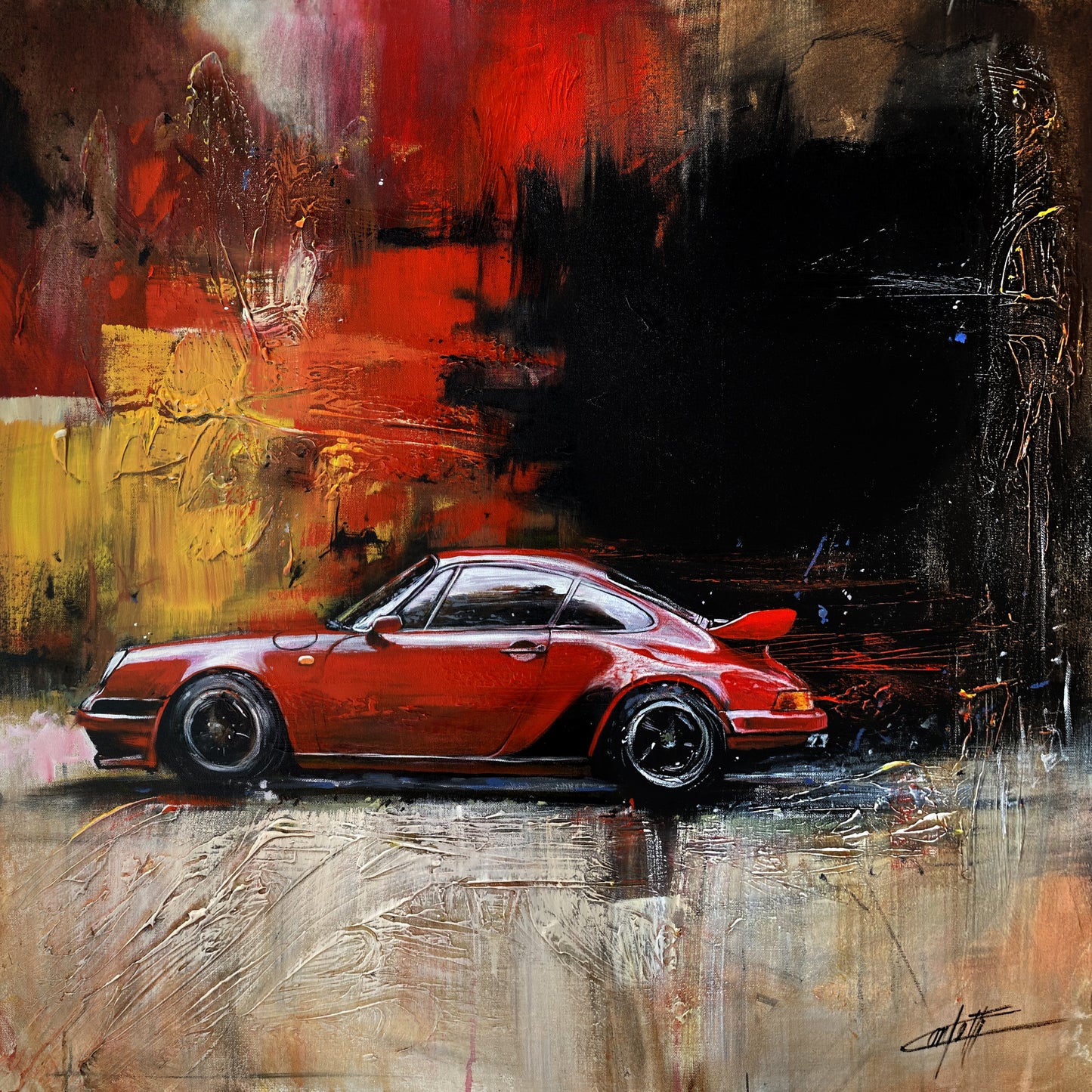 The legendary Porsche 911, luxury car, modern art print by Confetti artist, abstract, textured, red porsche