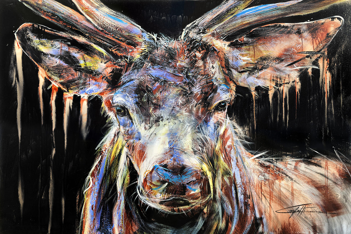 Alfred le wapiti/oeuvre passionnée par l'artiste confetti, texturée et intense, fond noir