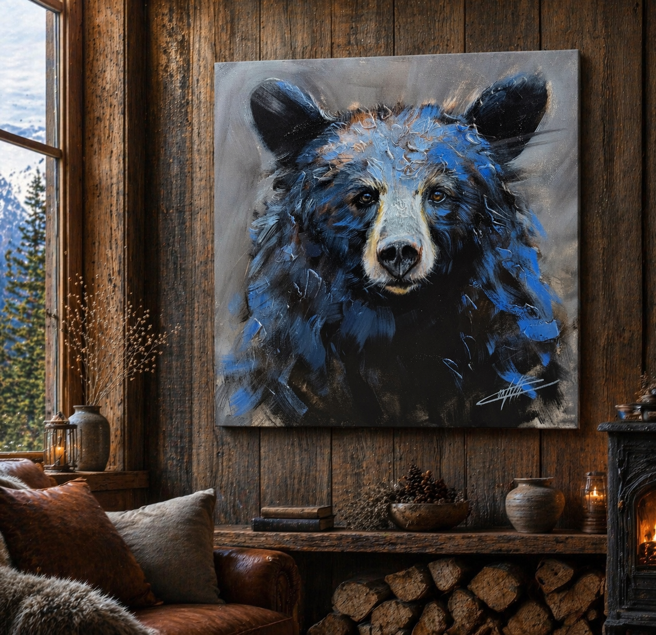 Force silencieuse, l'ours noir, la peinture originale de l'artiste Confetti avec beaucoup de texture