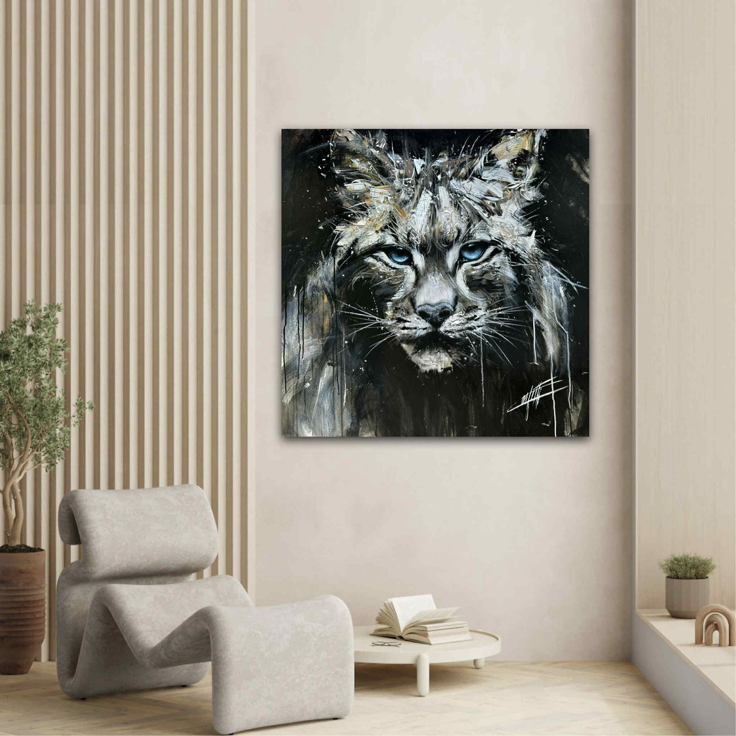 Le Prince lynx boréal glacial, art moderne imprimé par Confetti artiste, noir et blanc, abstrait, chat