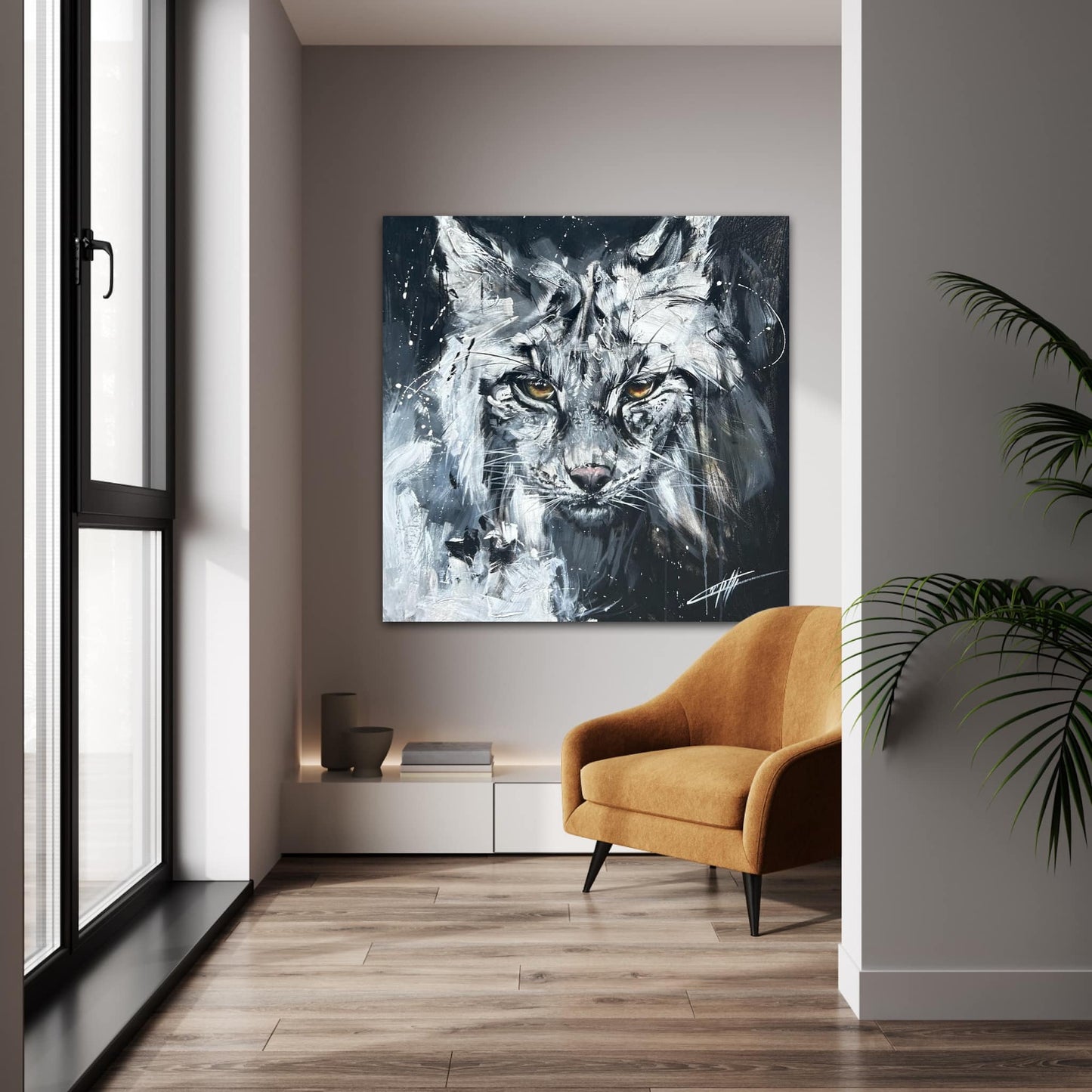 The guardian of the woods/The Lynx, modern art print by Confetti artist, textured, black and white, abstract, cat