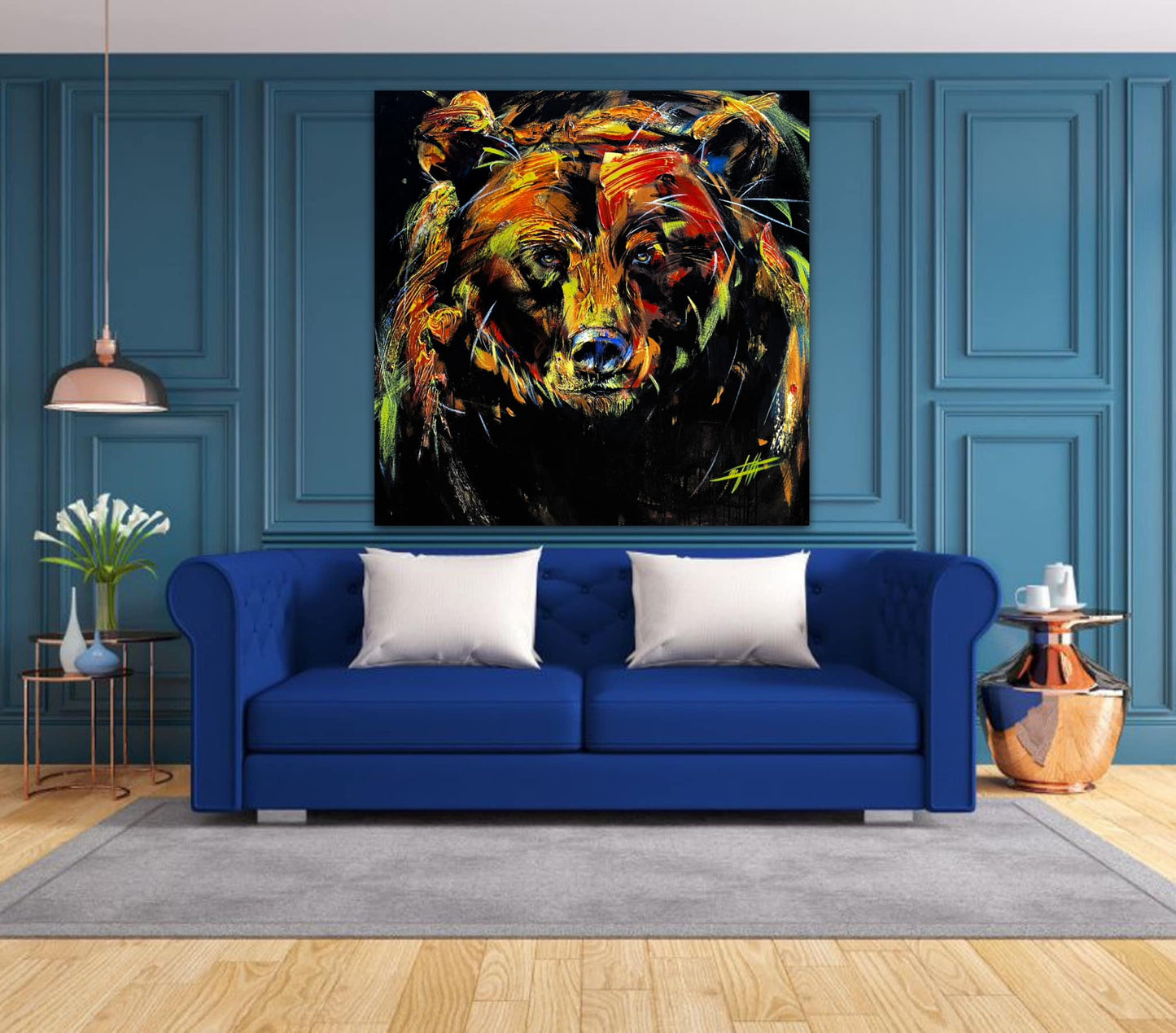 Bernard l’ours d’or, impression d’art moderne par l'artiste confetti, coloré, ours, abstrait