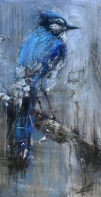 Le messager des bois , le geai bleu, art print texturé par l'artiste Confetti, moderne, abstrait