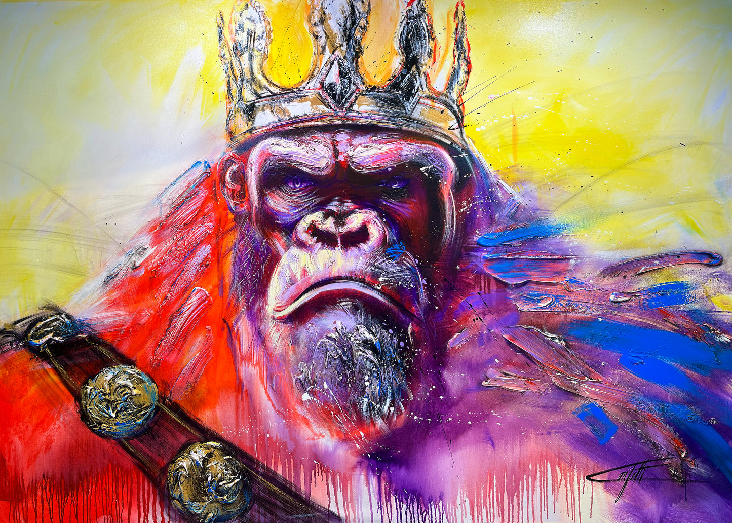 King kong premier/ art print of the artist Confetti, textured and intense, colorful gorilla with a crown