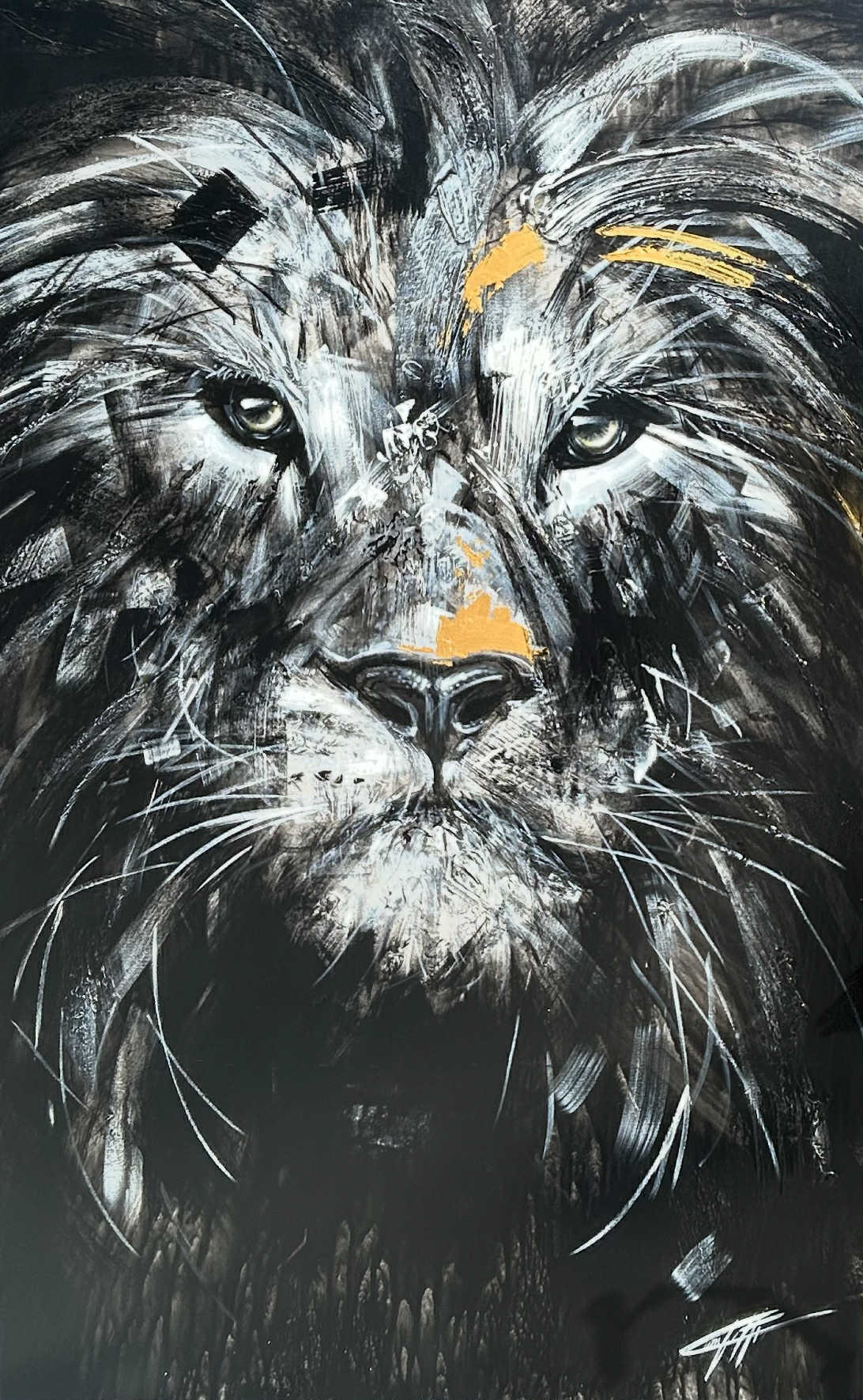 La résilience du lion, la peinture originale de l'artiste Confetti avec beaucoup de texture, lion moderne et abstrait