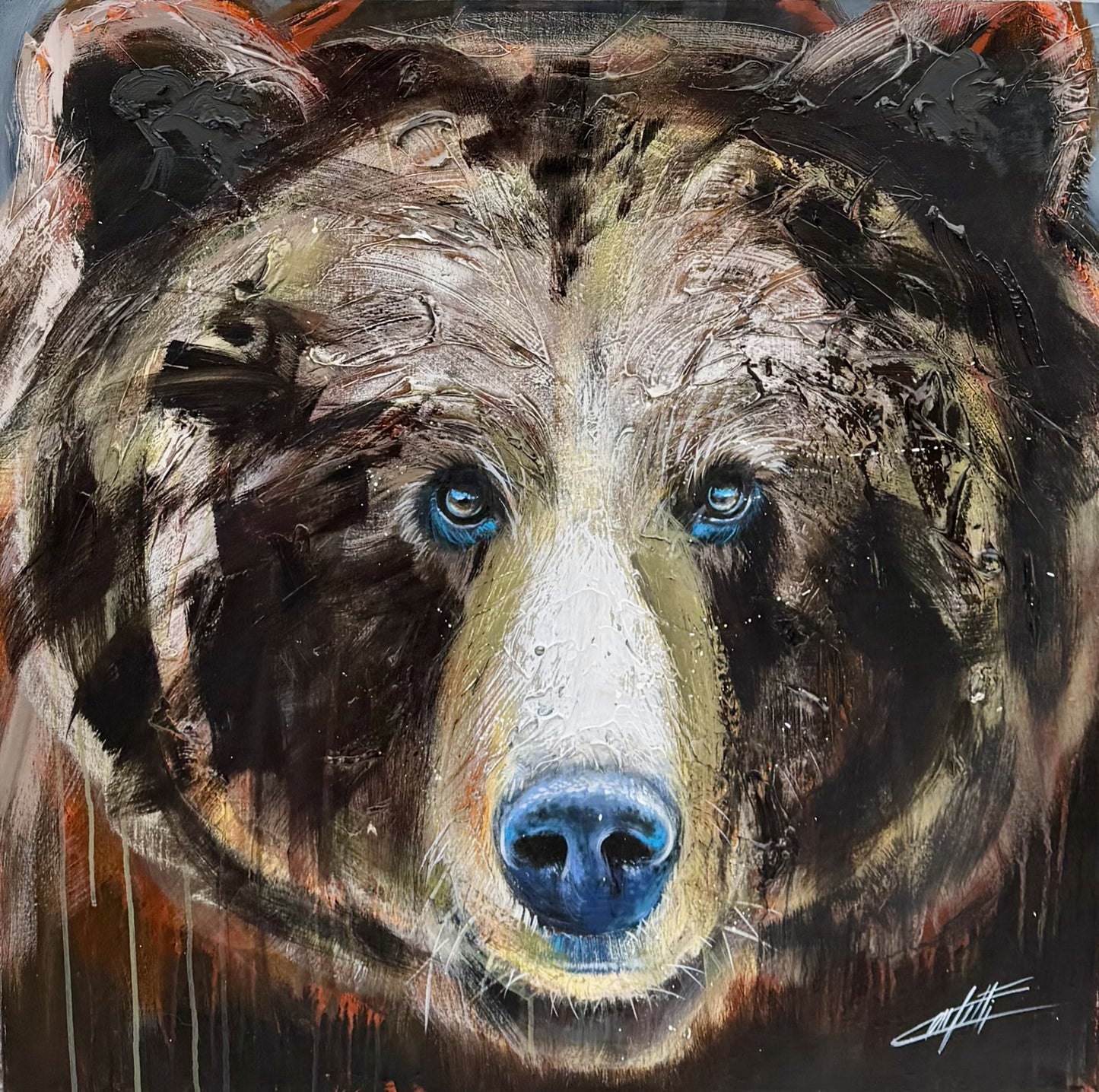 Le colosse de l'instinct, l'ours, la peinture originale de l'artiste Confetti avec beaucoup de texture