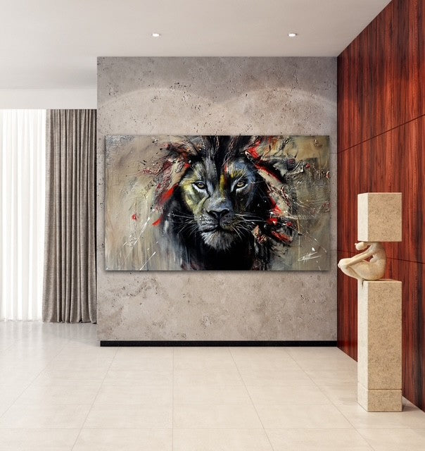 Majesty of the Savannah / the lion , modern art print by the artist Confetti ,textured, abstract , red