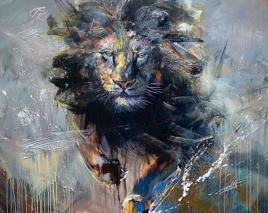 Majesté féline/le lion, moderne art print fait par l'artiste Confetti, texturé, abstrait, lion, coloré