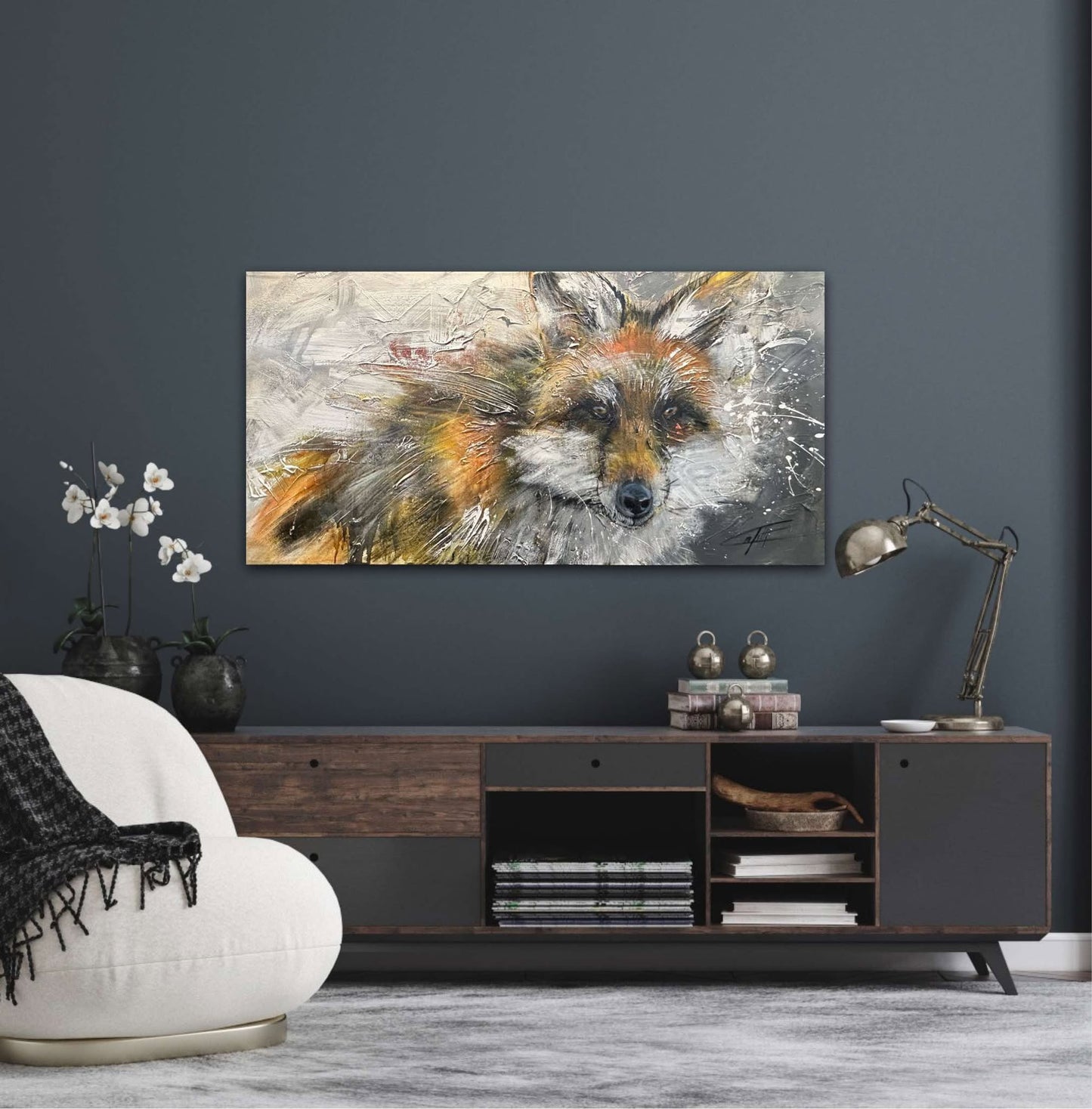 Le renard illuminé, la peinture originale de l'artiste confetti avec beaucoup de texture, renard coloré