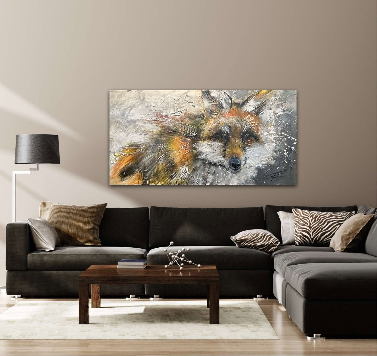 Le renard illuminé, la peinture originale de l'artiste confetti avec beaucoup de texture, renard coloré