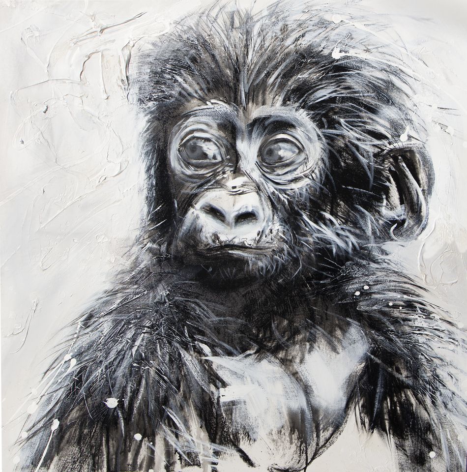 Jackson the monkey / textured art print  of the artist Confetti, black and white, modern, abstract