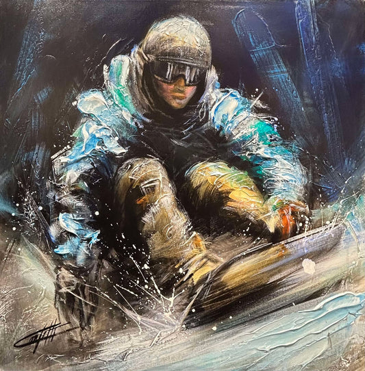 La descente,la planche.. peinture originale et moderne avec une grande texture par l’artiste Confetti, planche à neige, sport