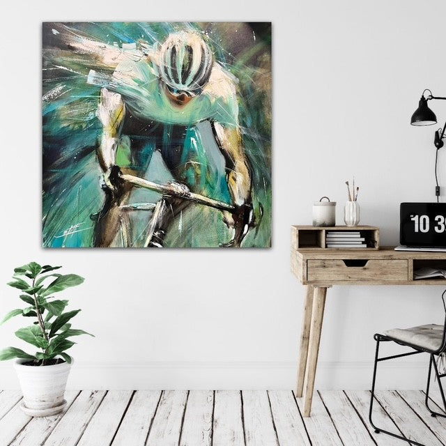 🔴L'échappée sauvage, la peinture originale et moderne avec une grande texture par l’artiste Confetti, vélo de vitesse, coloré