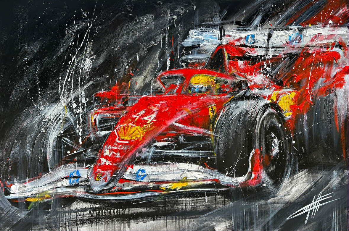 Vitesse rouge Ferrari, artprint de l'artiste confetti avec beaucoup de texture, auto de course, Ferrari coloré