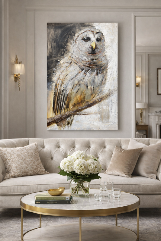 The noble striped owl watcher, textured art print from the artist Confetti, modern , abstract