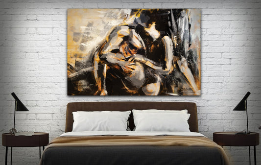 Fifty Shade'' Nos corps sur les braises chaudes'', peinture sexy couple toile sensuelle, lit, artprint peinture avec texture par confetti artiste moderne passion abstraite