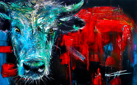 bullfighting shine, original painting/ texturized passionnate painting of an intense coloful bull